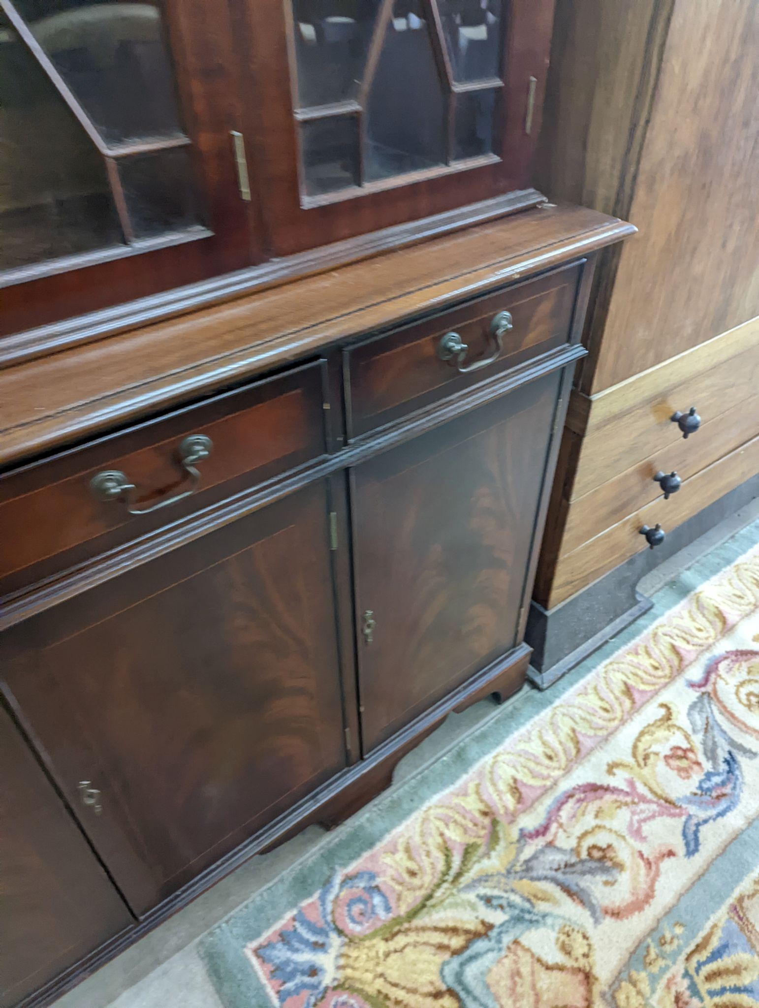 A reproduction George III style mahogany library bookcase, length 154cm, depth 41cm, height 193cm